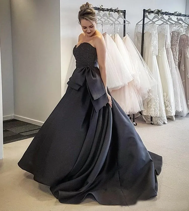 gothic satin dress Black Satin Gothic Black Gown for wedding with Vintage Sweetheart Neckline and Beading