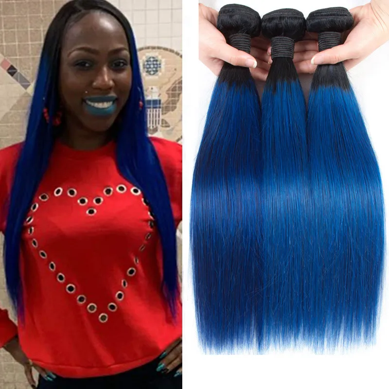 Indiaas 100% menselijk haar 1B blauw recht maagd haar gekleurd 1B/blauw rechte 3 bundels 12-26inch hair extensions