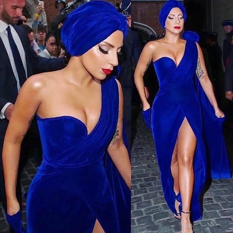 Robes de bal en velours bleu royal une épaule plissée robe de soirée fendue devant sexy étage longueur robes de soirée cocktail sans manches