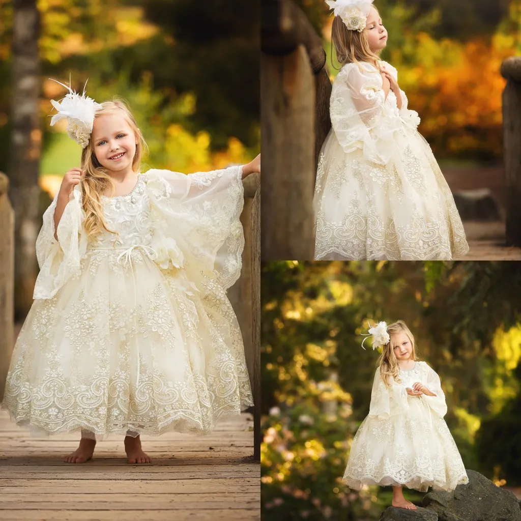 Petite Princesse Fleur Filles Robes Appliques De Dentelle Robes De Bal Manches Longues Pour La Mariage Perles Jewel Cou Cheville Longueur Robe De Fête D'anniversaire