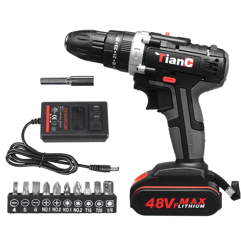 48V Cordless Electric Impact Drill Rechargeble Drill Skruvmejsel W 1 eller 2 Li-Ion Batteri