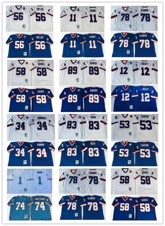 RETRO Jim Kelly Trikot Thurman Thomas Bruce Smith Andre Reed Phil Simms Harry Carson Lawrence Taylor Carl Banks Mark Bavaro Vintage für Herren