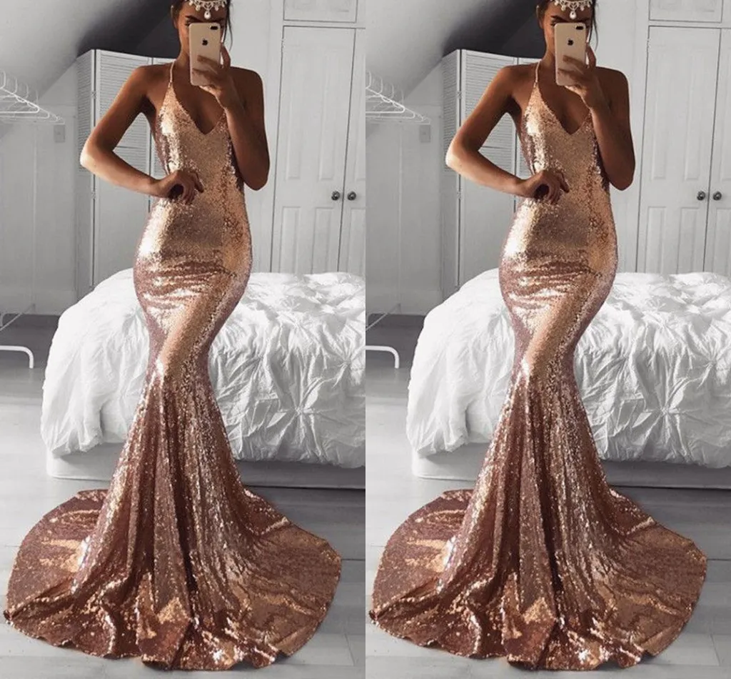 goud sexy rose goedkope zeemeermin prom lovertjes lange rugloze jurken avondkleding vestidos de fiesta speciale ocn-jurk