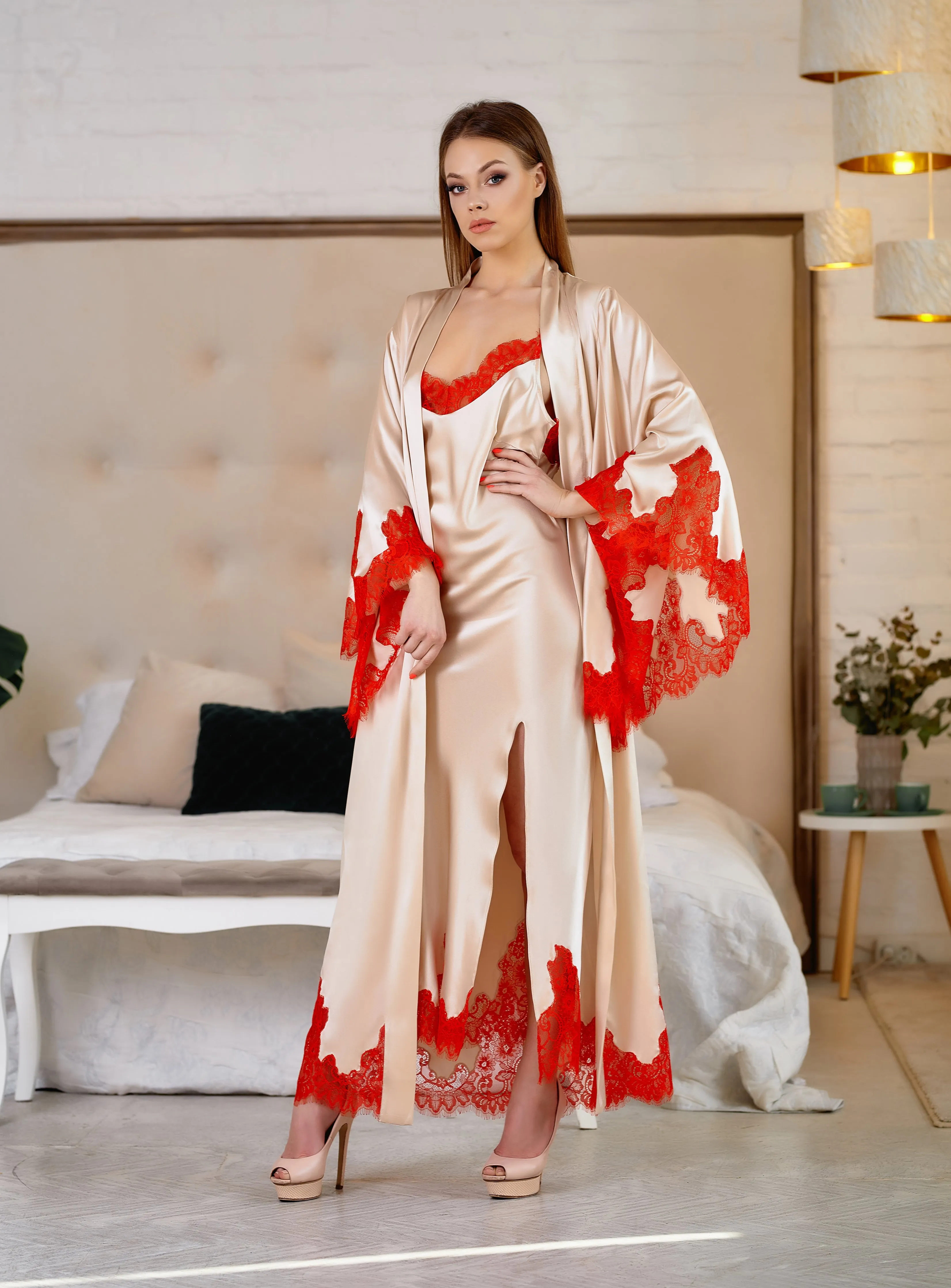 Två bitar Bridal Badrock Full längd Underkläder Nightgown Pyjamas Sleepwear Lace Luxury Dressing Gowns Housecoat Nightwear Lounge Wear