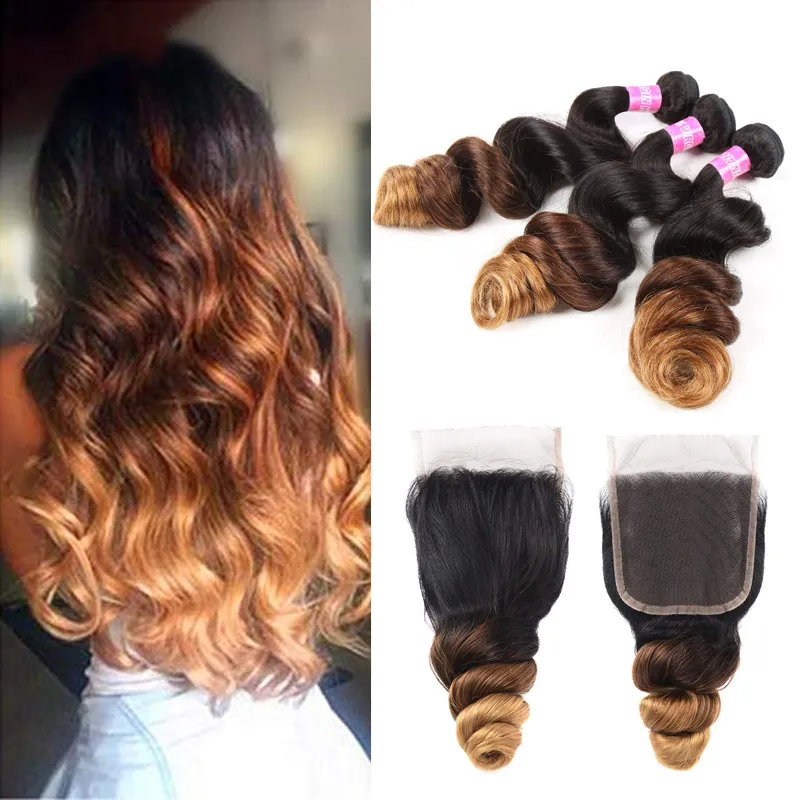 Brazilian 1B/ 4 /30 Loose Wave Virgin Hair Extention Bundles with Closure Ombre Three Tone Human Hair 3 Bundles with 4*4 Lace Closure
