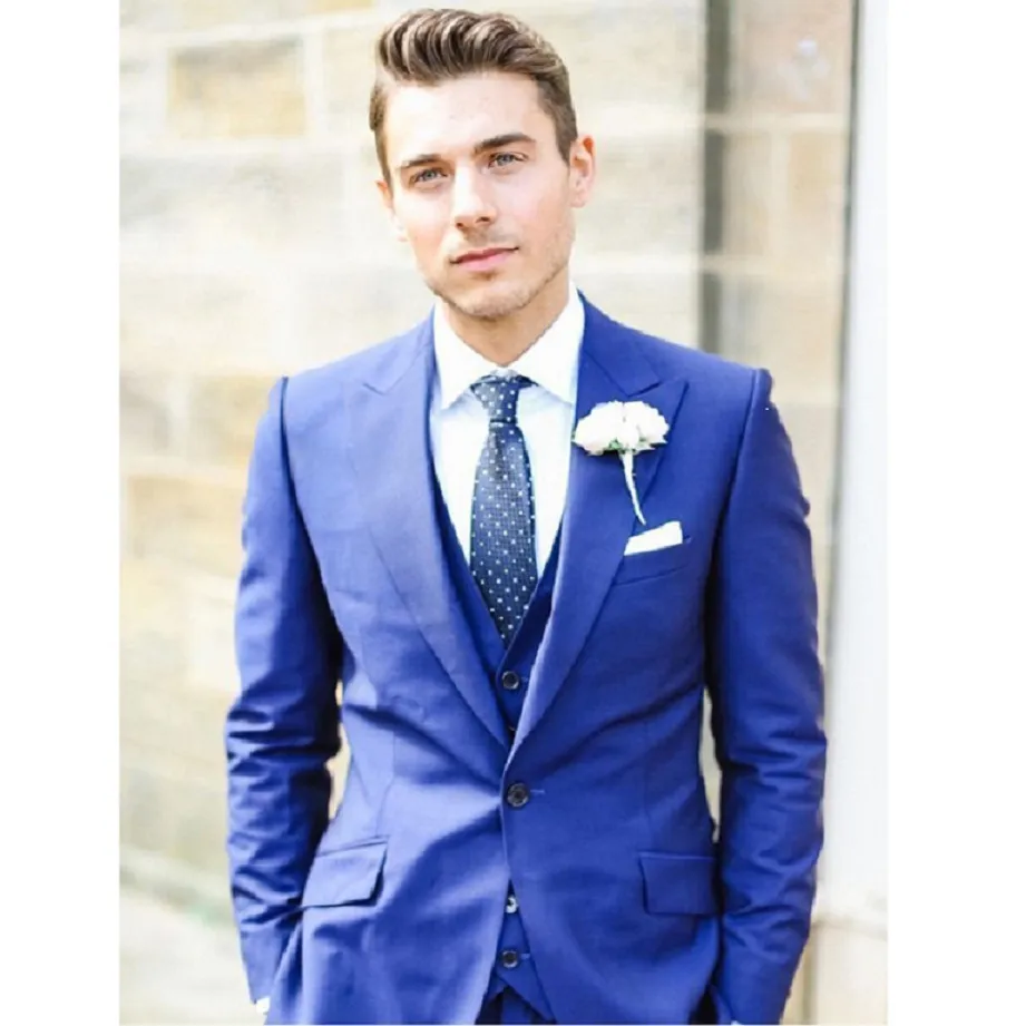 Tuxedos de marié bleu royal, robe de mariée à revers pour hommes, excellente veste pour homme, costume 3 pièces (veste + pantalon + gilet + cravate) 1696