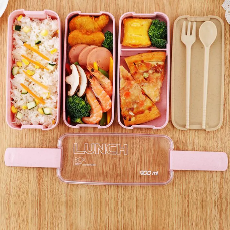 Hälsosam Material Lunchkasse 3 Layer 900ml Vete Straw Bento Boxes Mikrovågsugn Drev Livsmedelsförvaring Container Lunchbox VF0001