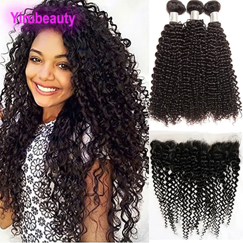 3 buntar med 13X4 spets frontal brasiliansk kinky lockigt hårstängningar Virgin Hair Weave Vågigt hår 4st/lot