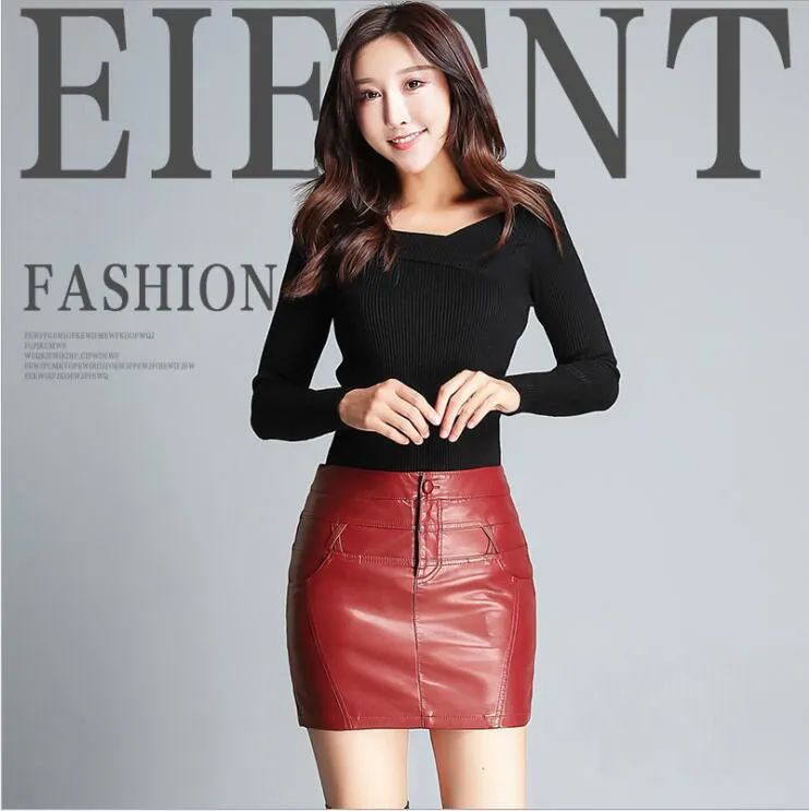 Japanese Fashion Mid Waist Leather Skirts Women Pencil Sexy Mini Skirt