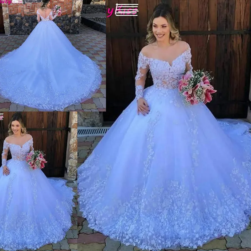 Branco Princesa Vestido de Bola Vestido de Noiva 2020 Lace Appliques Mangas compridas Vestidos de casamento Plus Size Robe de Mariee