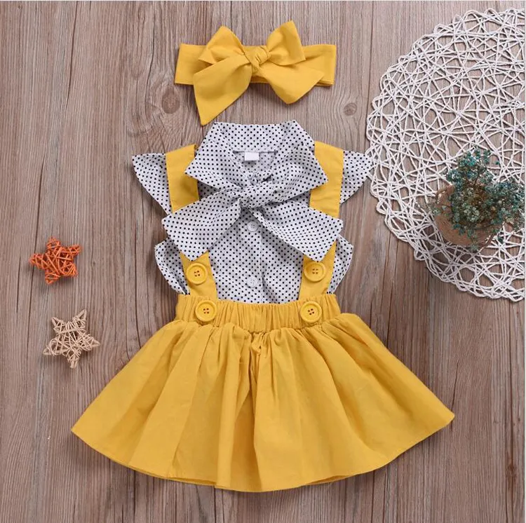 Summer Dot Flying Sleeve Top And Strap Toddler Dresses Set For Baby Girls With Headband
