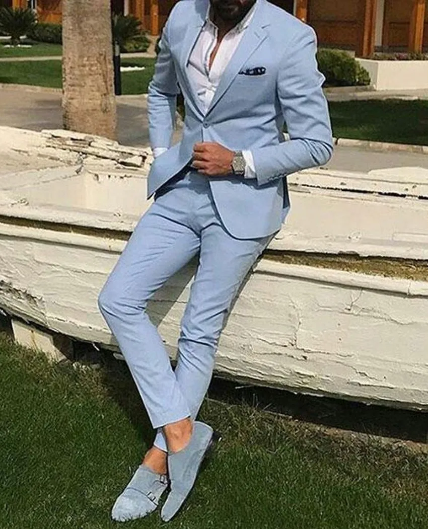Handsome Sky Blue Groom Tuxedos Notch Lapel Groomsmen Wedding Tuxedos Fashion Men Formal Prom Jacket Blazer Suit(Jacket+Pants+Tie) 1272