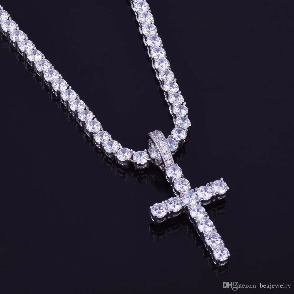 Iced Out Zircon Cross Pendant With 4mm Tennis Chain Necklace Set Men's Hip hop Jewelry Gold Silver CZ Pendant Necklace
