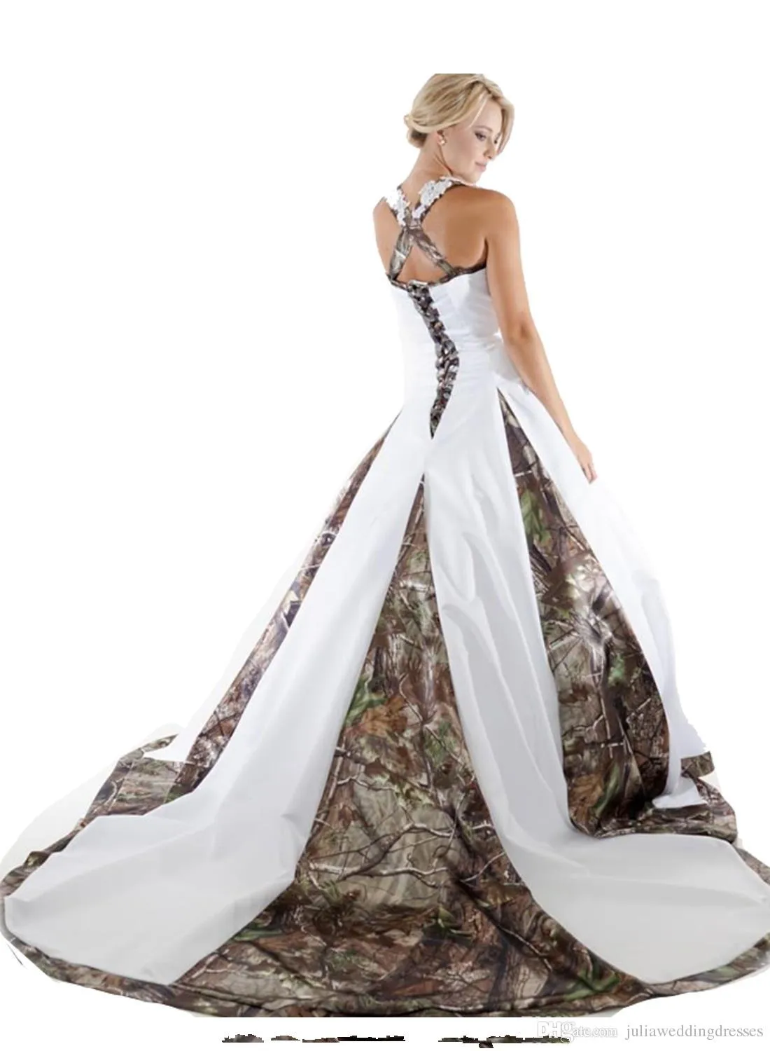 Camo Wedding Dresses Applique Lace Straps White Camouflage Bridal Ball Gowns Criss Cross Back Chapel Train 2023 Ny ankomst A-LINE183I