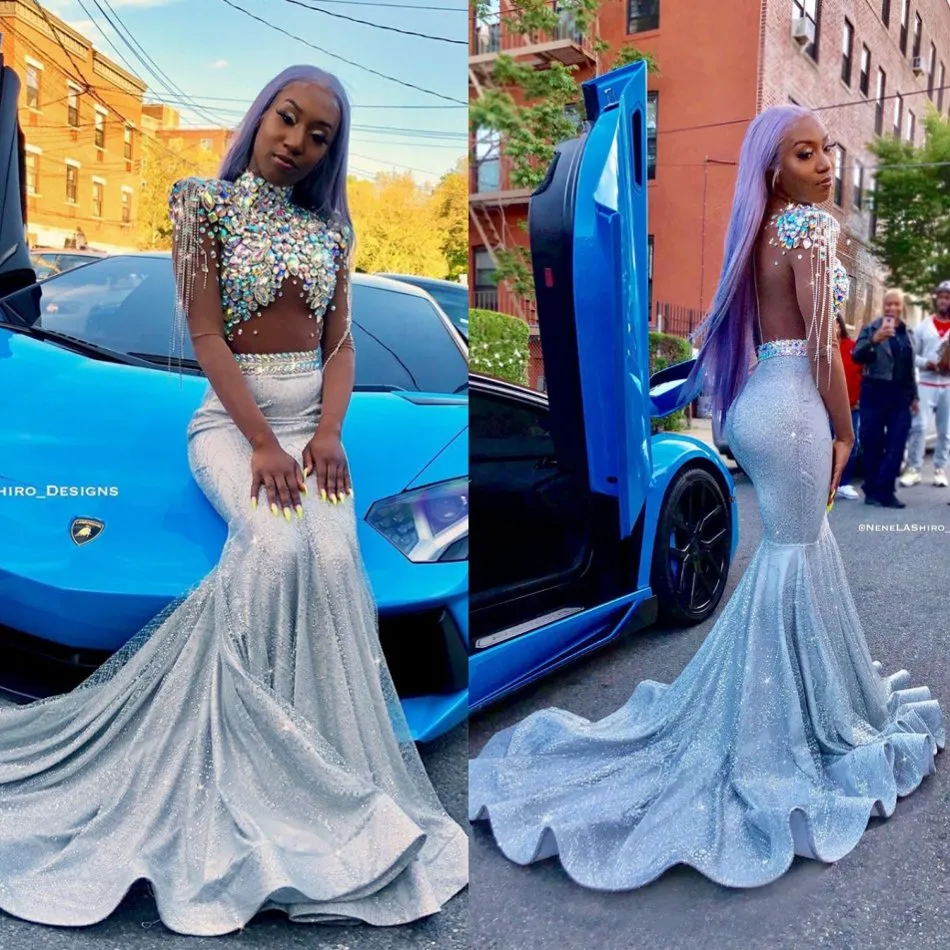 Colorful Rhinestone Sequin Mermaid Halter Evening Gown With Tulle And Glitter Long Sleeves Sweep And Tarin Perfect For Special Occasions In 2020 From Longzhiwen 220.88 DHgate.Com