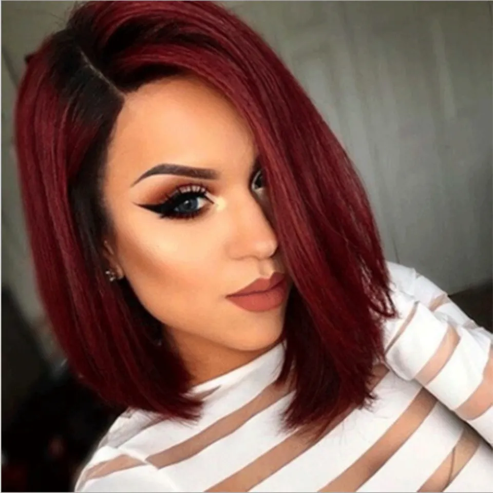 DHgate Red Ombre Bob Wigs for Women Short Blonde Black Brown Straight Wig Heat Resistant Fiber Synthetic Burgundy Hair Hair Products