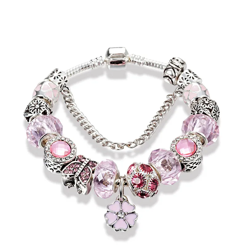 Nuovo braccialetto di cristallo rosa per braccialetto di perline di vetro con ciondolo fiore Pandora Farfalla incastonata di gioielli con diamanti CZ con scatola originale