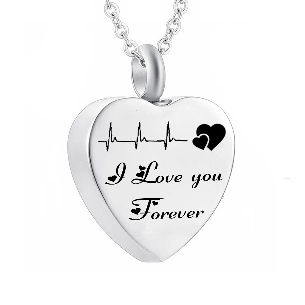 Cremation Jewelry Electrocardiogram Urn Necklace for Ashes I Love you Forever Stainless Steel Heart Memorial Pendant