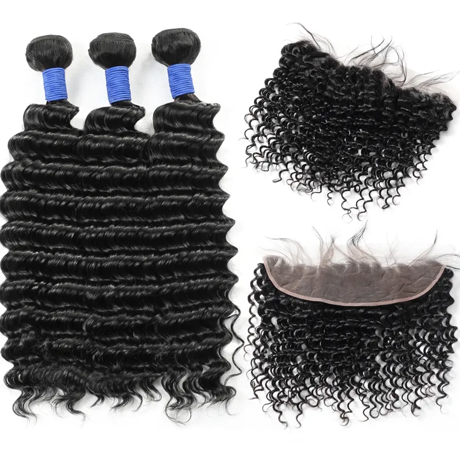 10A Brazilian Deep Wave 3Bundles with 13*4 Lace Frontal Peruvian Malaysian Virgin Human hair Bundles with Closure Wholesale for Women All Ages Jet Black