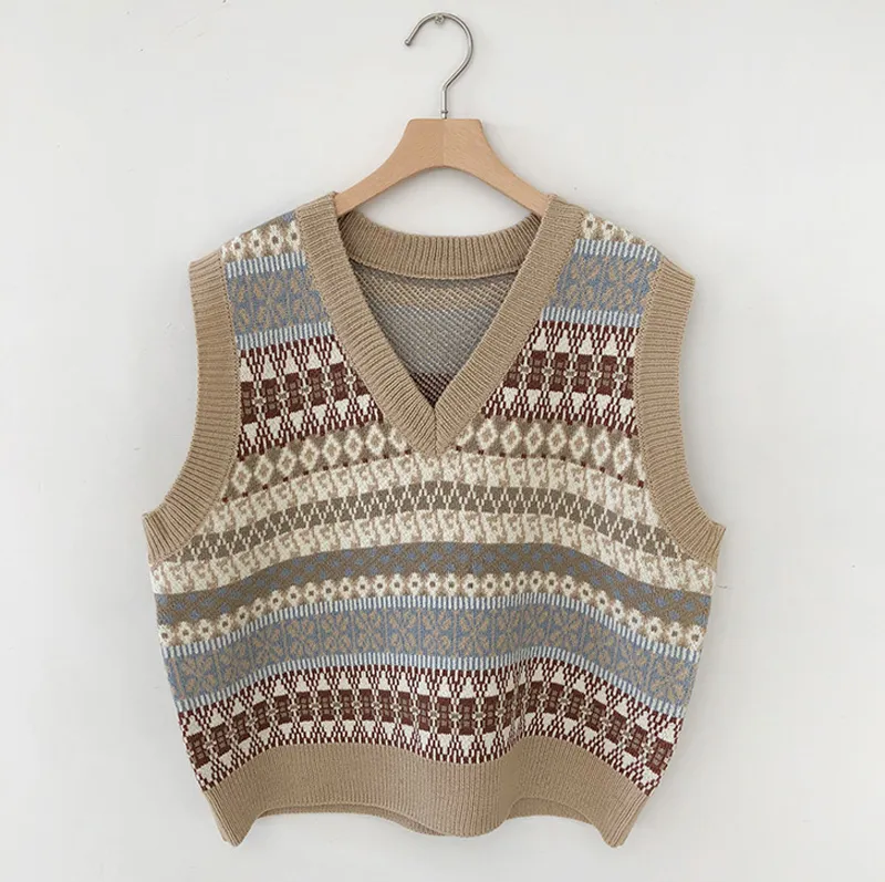 Geometric Oversized Knitted Vest For Women Loose Fit Sleeveless V 