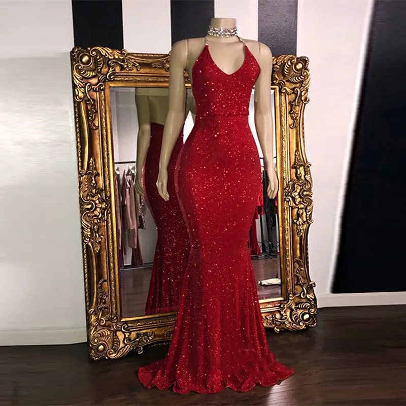 Real Image Red Gorgeous Glitter Sequins Prom Klänningar 2019 Mermaid Halter V Neck Sexig Evening Kappor Sweep Train Long Party Dress High Quality