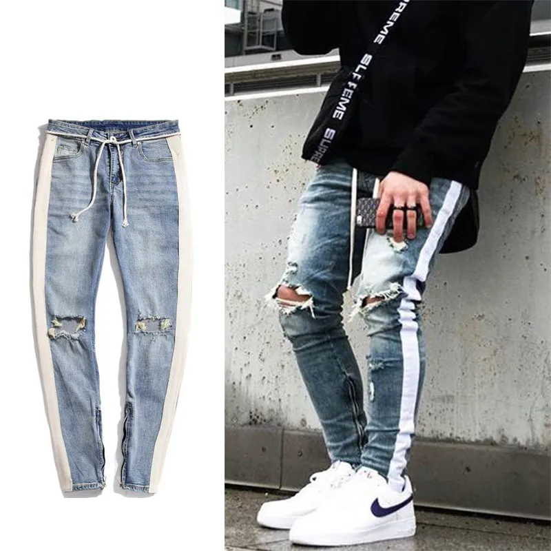 Män Blå Svart Hip Hop Knee Ripped Skinny Jeans Streetwear White Strip Stitching Ankel Zipper Casual Destreed Denim Byxor