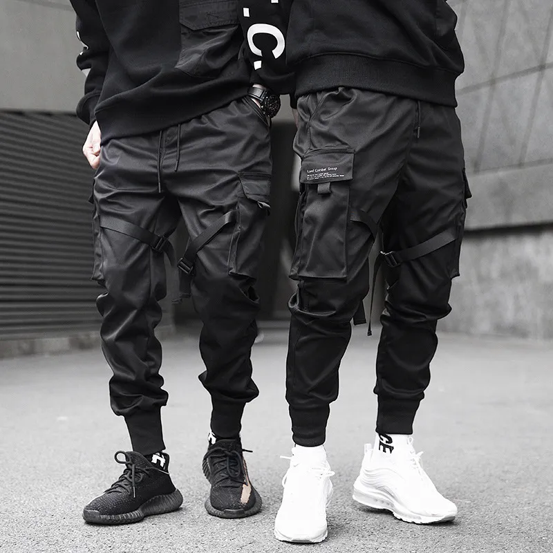 QNPQYX Neue Männer mode hosen Bänder Farbe Block Schwarz Tasche Cargo Hosen Harem Jogger Harajuku Sweatpant Hip Hop Hose220K