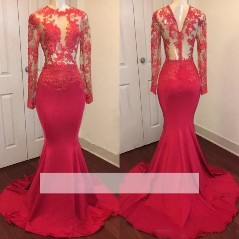 Red See Through Prom Dresses Sheer Long Sleeves Mermaid Evening Gowns 2019 Spring Summer Cocktail Party Dress Cheap Formal Wear