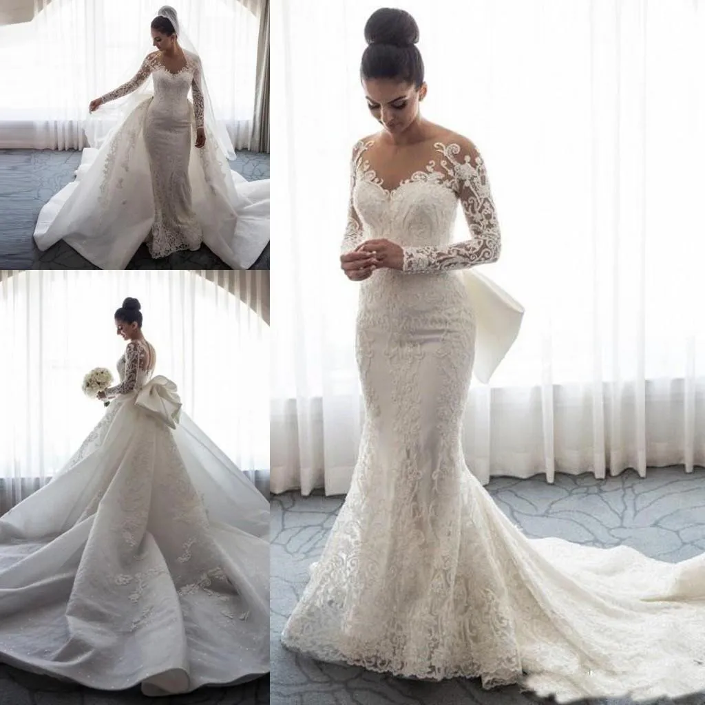 2019 Luxury Mermaid Wedding Dresses Sheer Neck Long Sleeves Illusion Full Lace Applique Bow Overskirts Button Back Chapel Train Br339Q