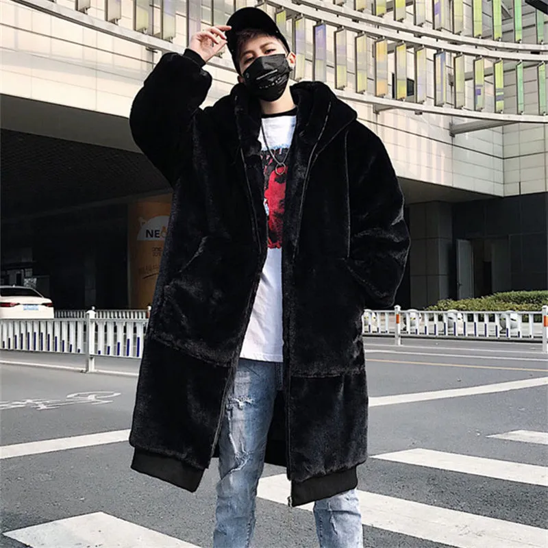 Partihandel-Oversized Winter Fur Coats Hooded Men Kvinnor Faux Fur Long Coat Warm Zipper Luxury OuterWear Casual Winter Leather Jackets Robe