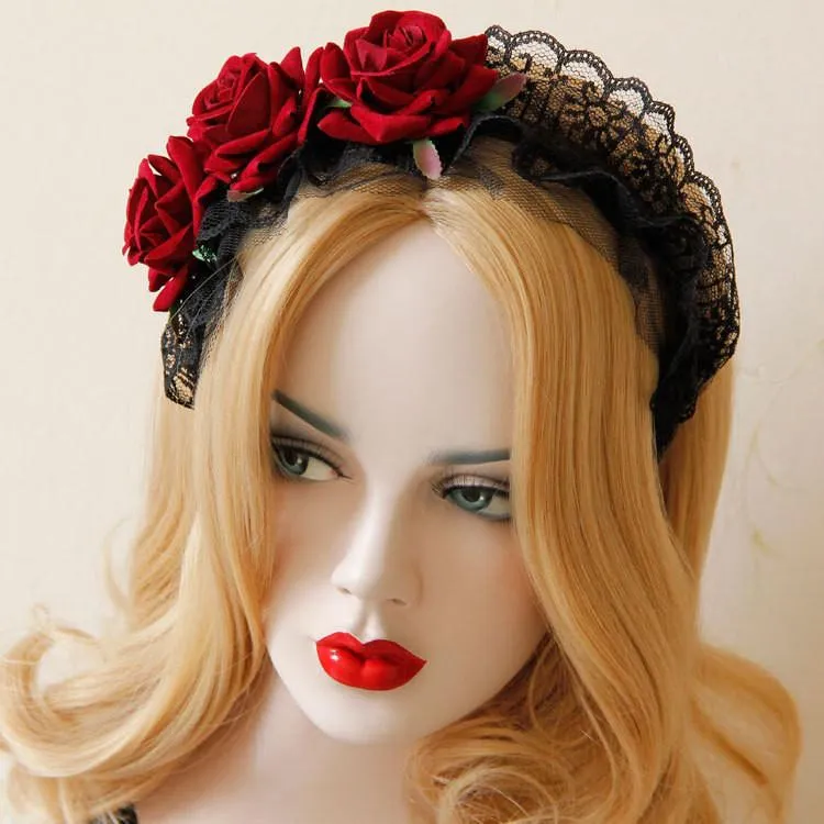 Simulation flanelle Rose fleur bandeau de cheveux dentelle florale Halloween fête décoration bandeau drôle fille coiffure cheveux accessoires couleur rouge