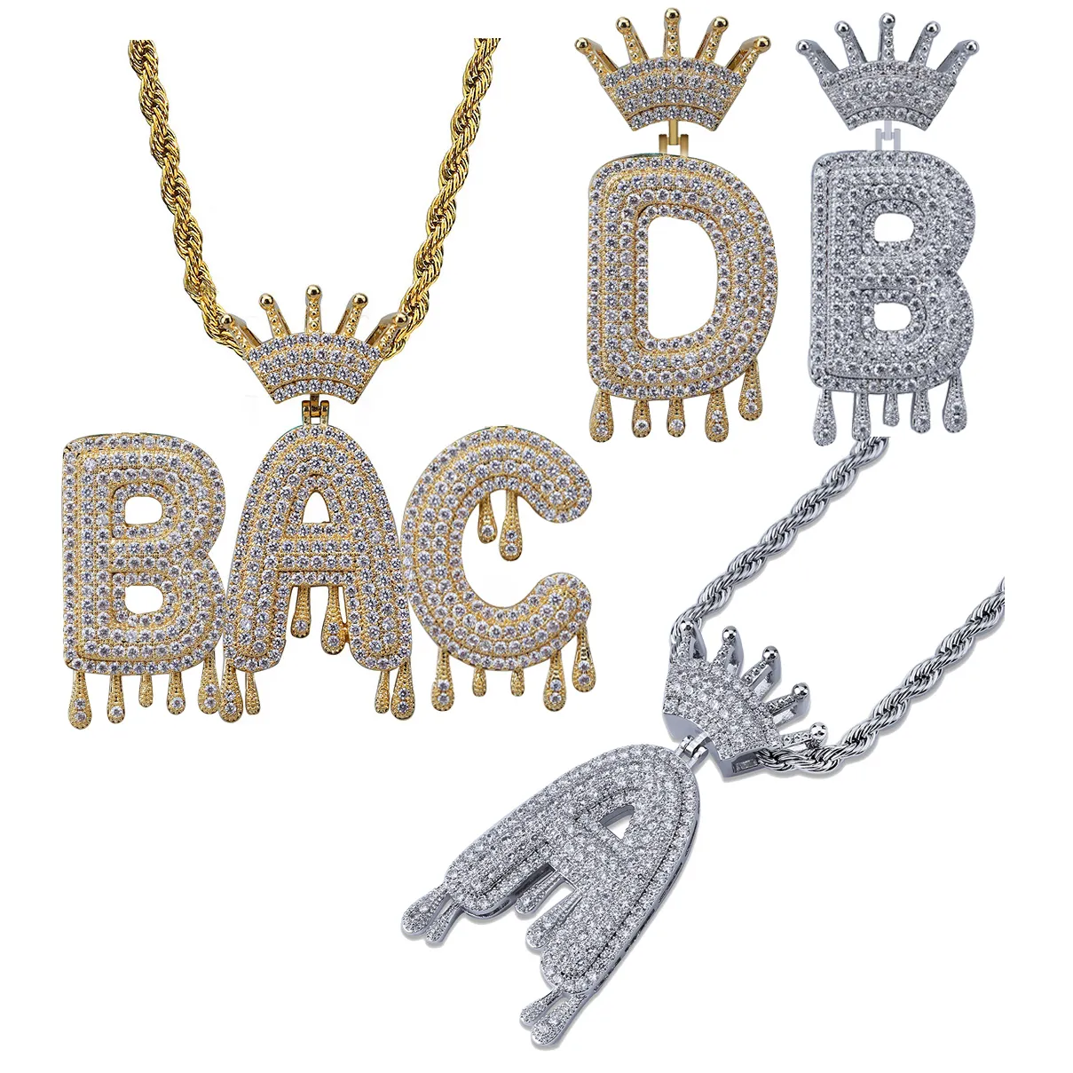 Retro Crown Bubble Lettere iniziali Nome personalizzato Collana a catena con ciondolo Zircone cubico Oro bianco Placcato in oro 18 carati per uomo e donna all'ingrosso