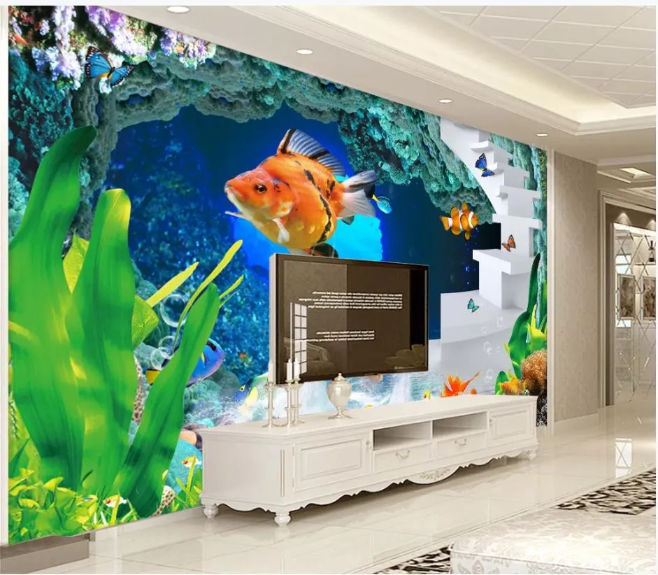 Photo 3D personnalisée fond d'écran peintures murales Fonds d'écran 3D Monde sous-marin beau mur de fond salon TV poisson papier peint peinture décorative