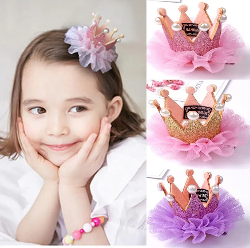 Cute Tiaras Christmas Gift Lovely Baby Hair Clips Pearl Rhinestone Crown Children Hair Accessories Free Shipping
