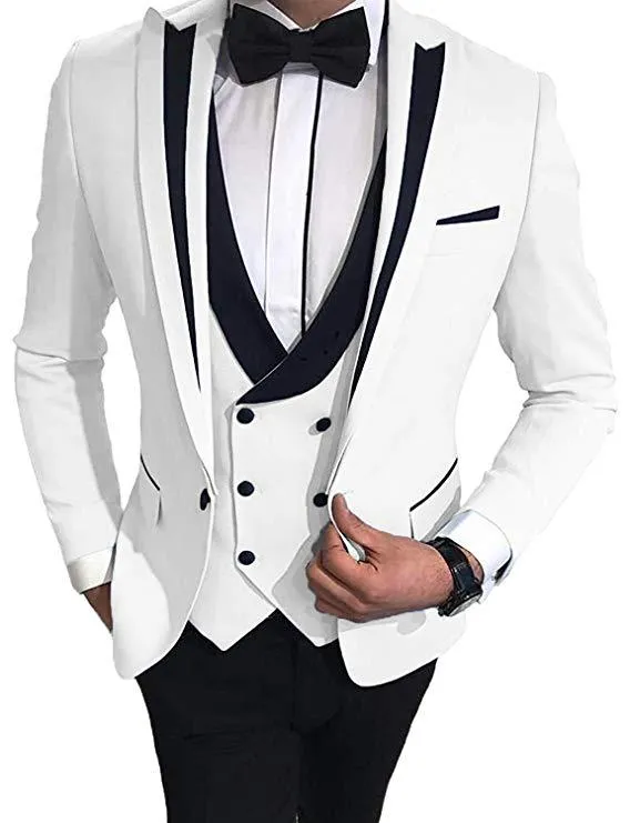 Populär One Button White Groom Tuxedos Peak Lapel Groomsmen Mens Passar Bröllop / Prom / Dinner Blazer (Jacka + Byxor + Vest + Slips) K292