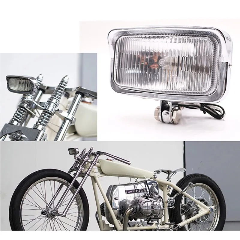 TKOSM Vintage Motorcycle Headlight Rectangle Front Amber Head Lamp Universal For Softail Bobber Criusers Choppers Cafe Racer