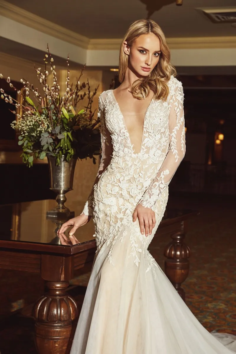 Boho Beach Wedding dress: Calla Blanche Mermaid with Detachable Train, V-Neck, Long Sleeves, Lace Bridal Gown
