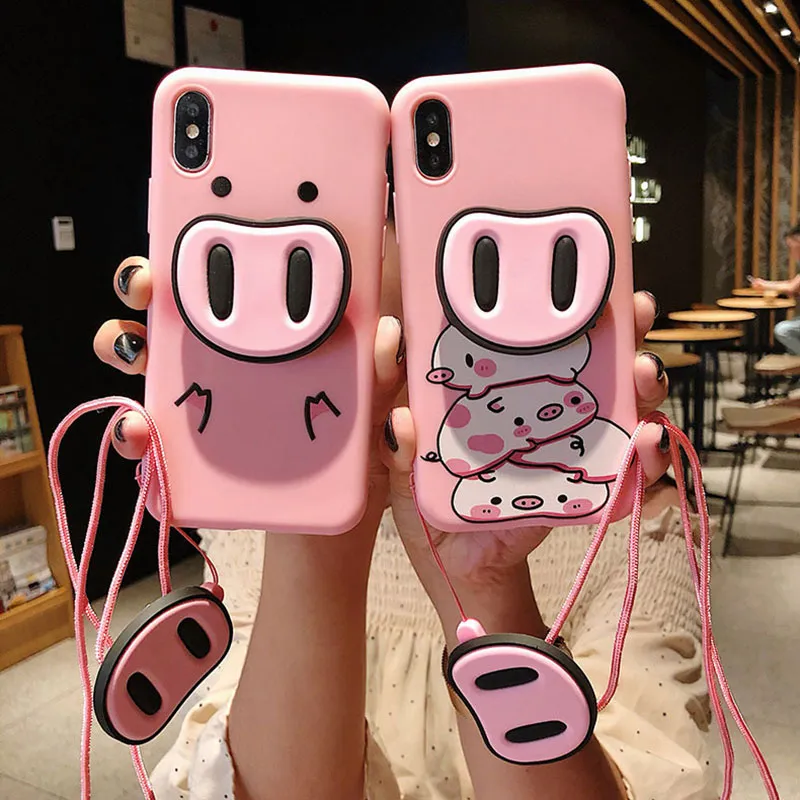 Coque de téléphone cochon rond pour iPhone X XS Max XR couverture de dessin animé 3D mignon pour IPhone8 6s 7plus avec support de nez de cochon lanière