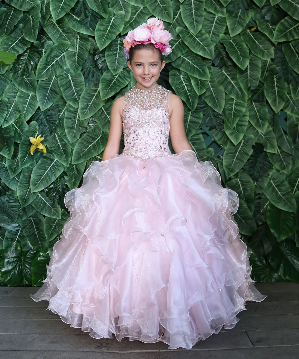 Pink Princess Tiered Flower Girls Dresses First Holy Communion Tulle Jewel Neck Girls Pageant Gowns Full Crystal Beading Girls Dress