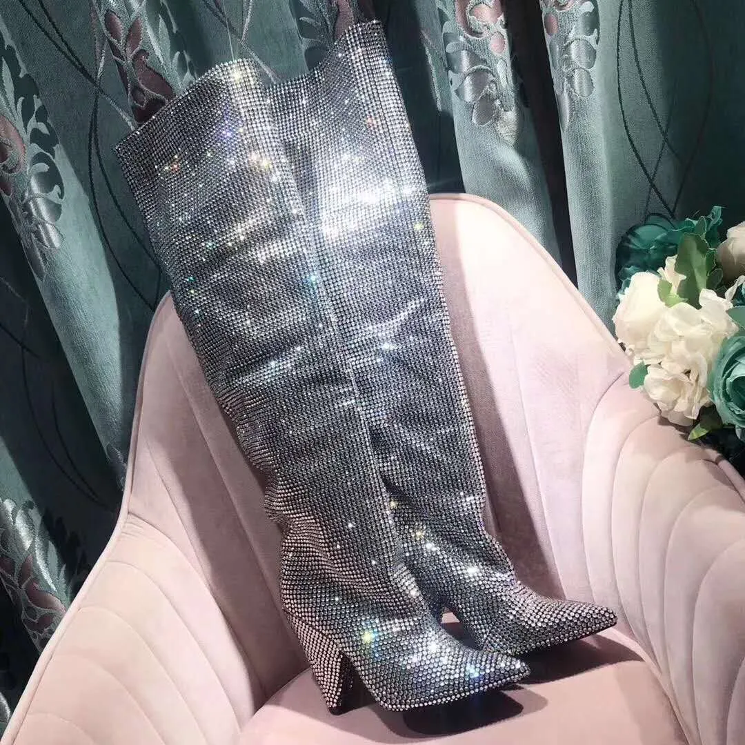 Limited Edition Rare French Luxury Shoes Milan Catwalk Diamond Rhinestone Crystal Boots Glitter Disco Niki 105 Crystal Slouch Boots Paris