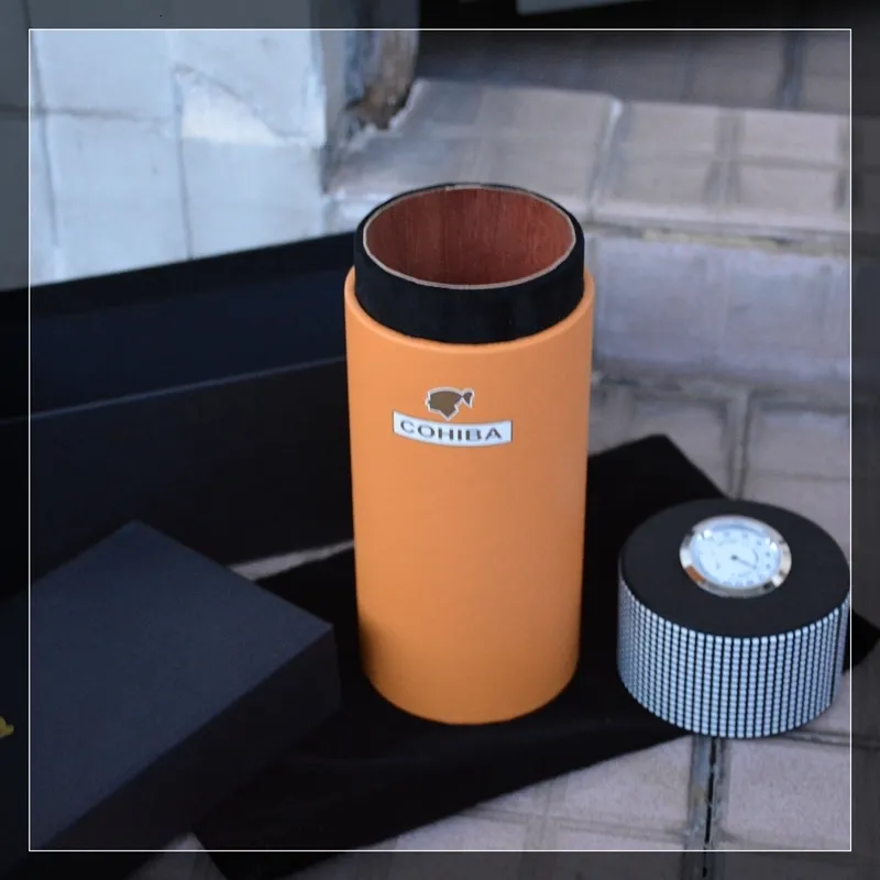 COHIBA étui à cigares en cuir tube doublé en bois de cèdre Mini boîte d'humidificateur de voyage avec long humidificateur hygromètre CJ191128210o