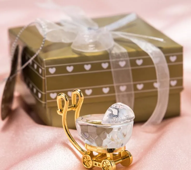 (50pcs / lot) + Choice Crystal Gold och Clear Crystal Baby Carriage Födelsedagsfest Giveaway för gäst sn2543