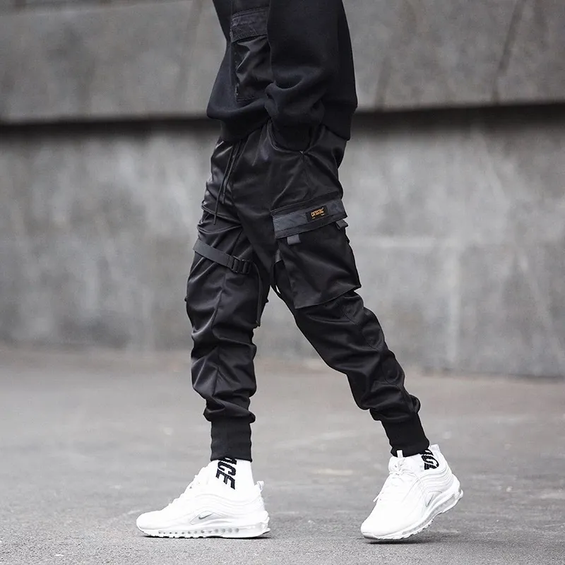 Hommes Rubans Patchwork Multi Poches Hip Hop Pantalon Cargo Noir Pantalon Tactique Hommes Casual Slim Joggers Hiphop Punk Pantalon Y19042201