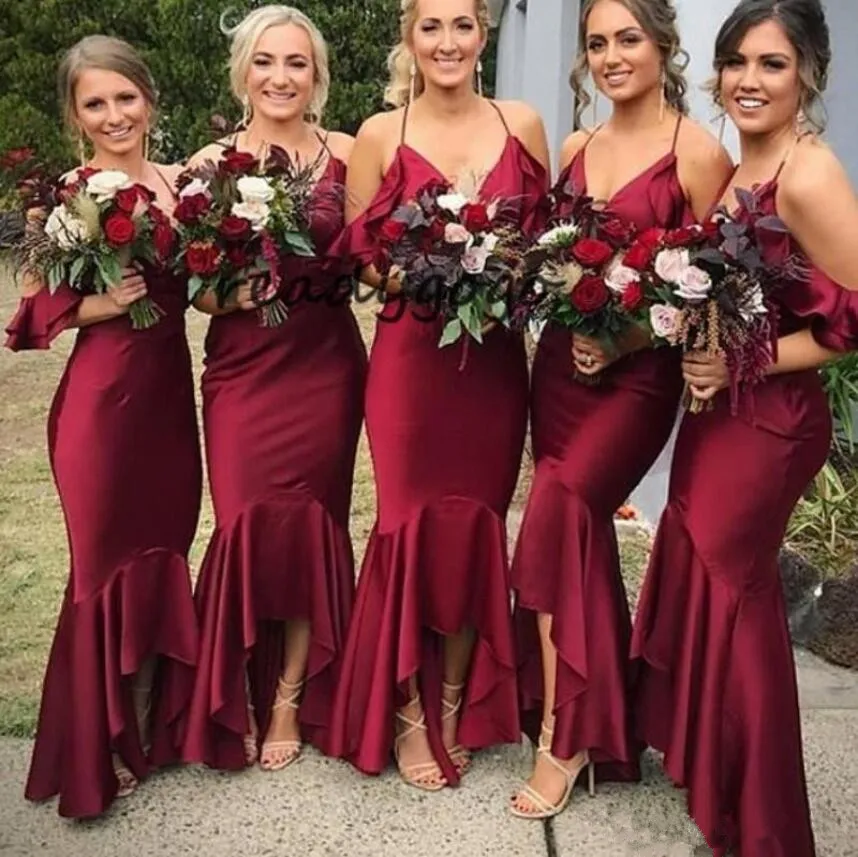 2019 Dark Red Bridesmaid Dresses High Low Low Spaghetti Straps V-Neck Tea Lengut
