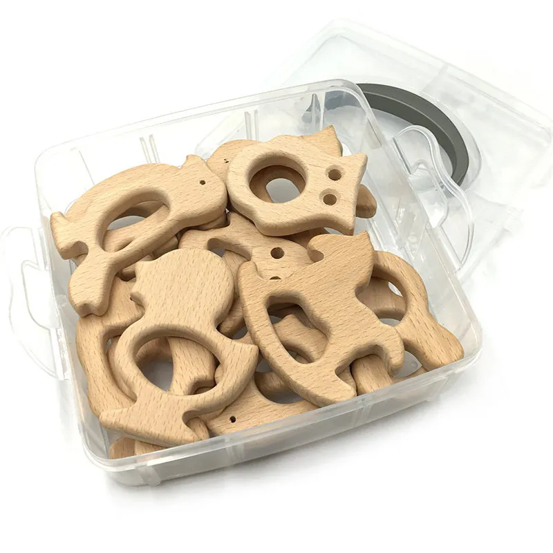 Alenybeby Organic Wooden Teething Natural Handmade Unfinished Beech Wooden Animal Shape Teether DIY Darling Shower Gift Donuts