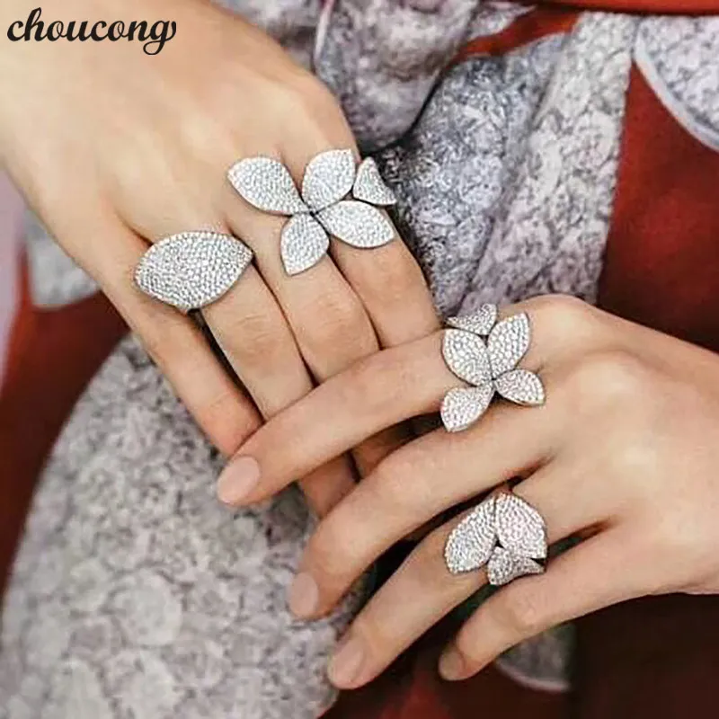 Choucong Charm Flower Leaf Ring Mrico Pave 166PCS 5A Zircon CZ 925 Sterling Silver Party Engagement Bröllop Band Ringar för Kvinnor