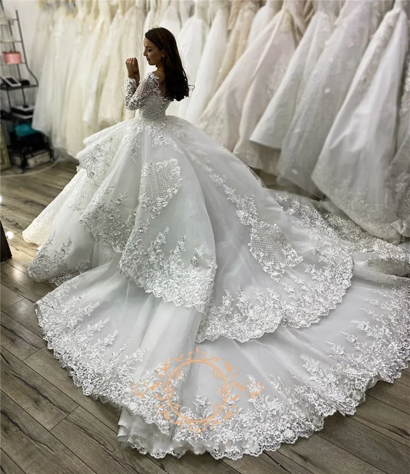 Lace Long Sleeve Wedding Dress V Neck Ruffle Layers... From Lovemydress,  $210.09 | DHgate.Com