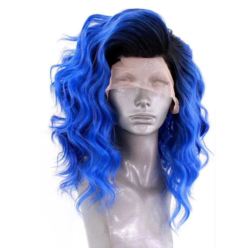 Mode Noir Racines Ombre Bleu Court Ondulé Perruques pour Femmes Sans Colle Synthétique Avant de Lacet Perruque Résistant À La Chaleur Court Bob Fibre Cheveux