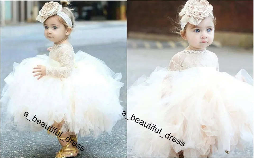 Vintage Flower Girls' Dresses Ivory Baby Infant Toddler Baptism Clothes With Long Sleeves Lace Tutu Ball Gowns Birthday Party Dress FG1238