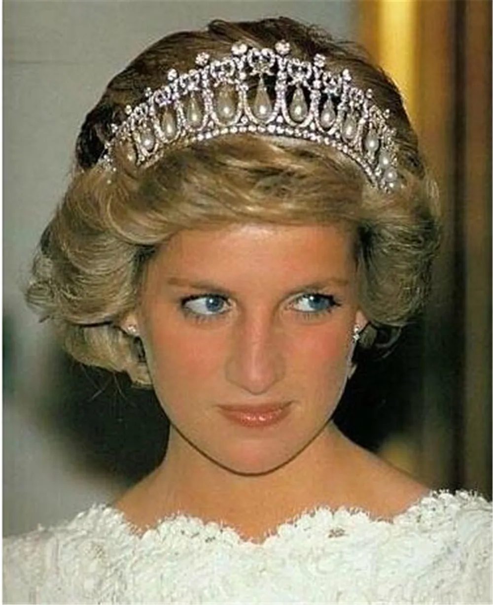 Vintage Silver Queen Princess Diana Crown Crystal Pearl Diadem For Bridal Hair Accessories Bride Tiara Headbands